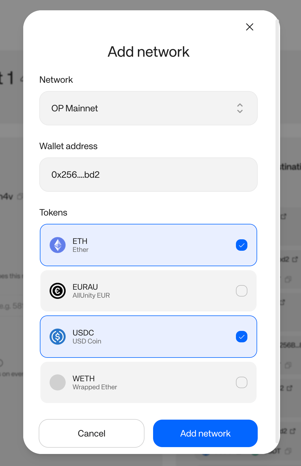 Add network dialog showing the token list with ETH and USDC selected