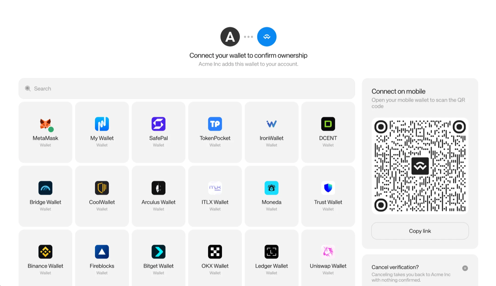 Wallet Verification page asking the user to connect a wallet, with a searchable wallet list and a QR code to connect on mobile