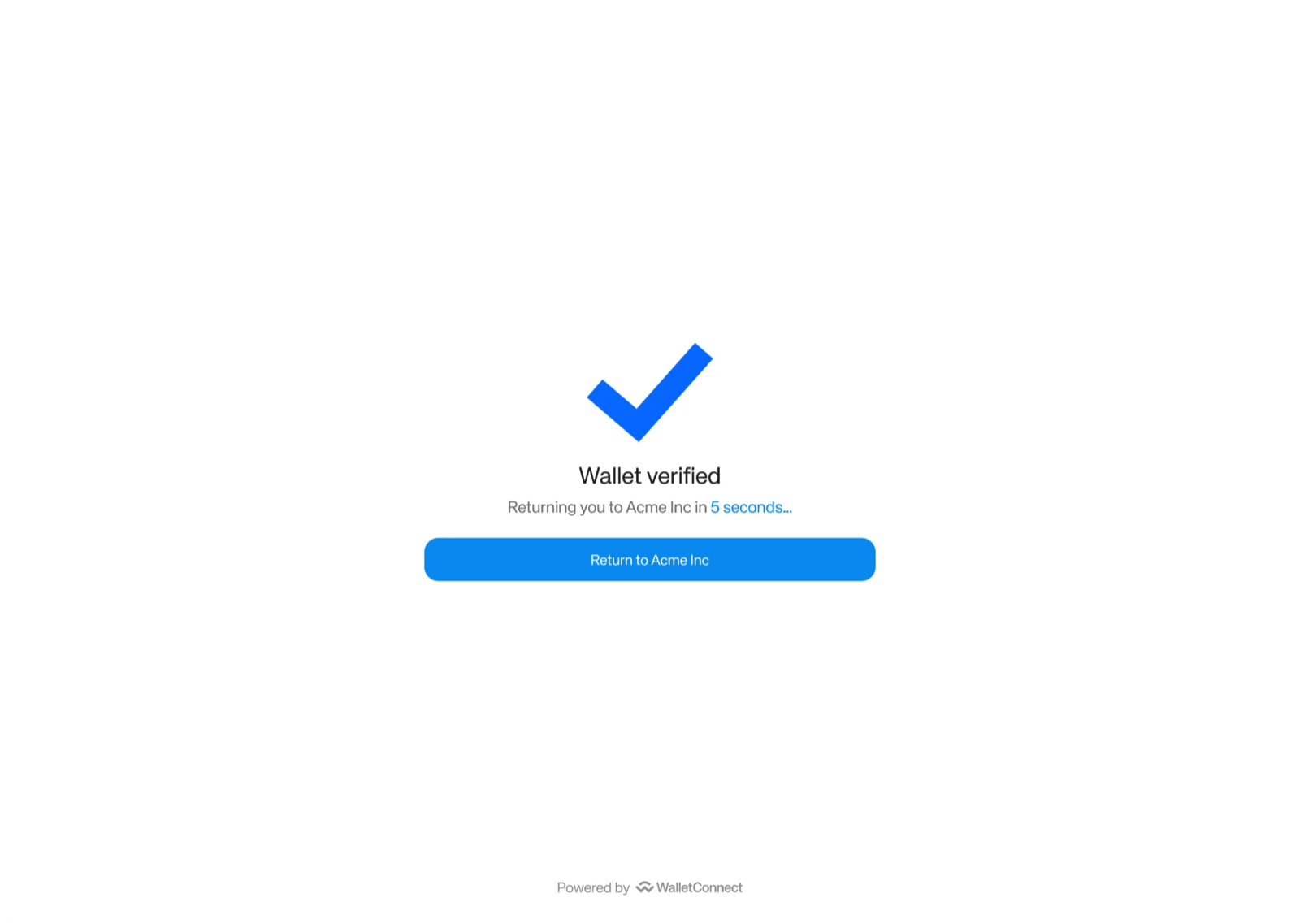 Success screen titled Wallet verified, counting down 5 seconds before returning the user to Acme Inc, with a Return to Acme Inc button