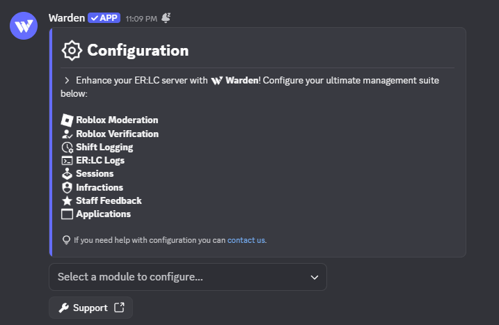 Warden configuration panel in Discord