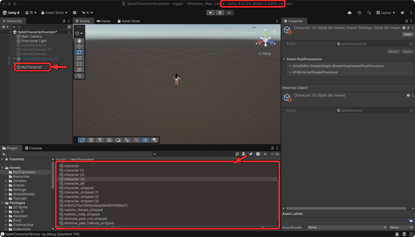 MyCharacter in the Unity Hierarchy and character bin assets in the Project panel, highlighted with red boxes and arrows