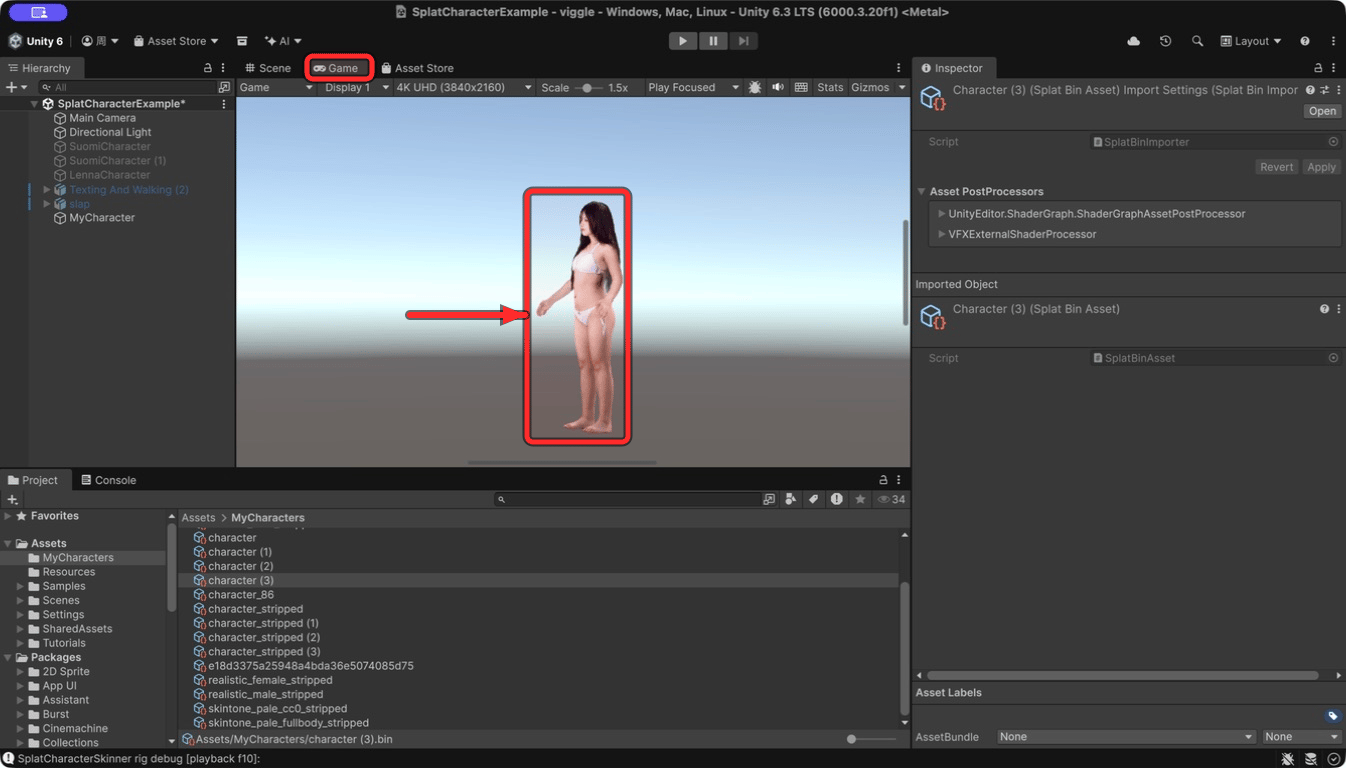 Gaussian Splat character displayed successfully in the Unity Game view, highlighted with a red box and arrow