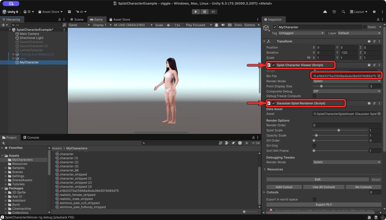 Splat Character Viewer, assigned Bin File, and Gaussian Splat Renderer on MyCharacter, highlighted with red boxes and arrows