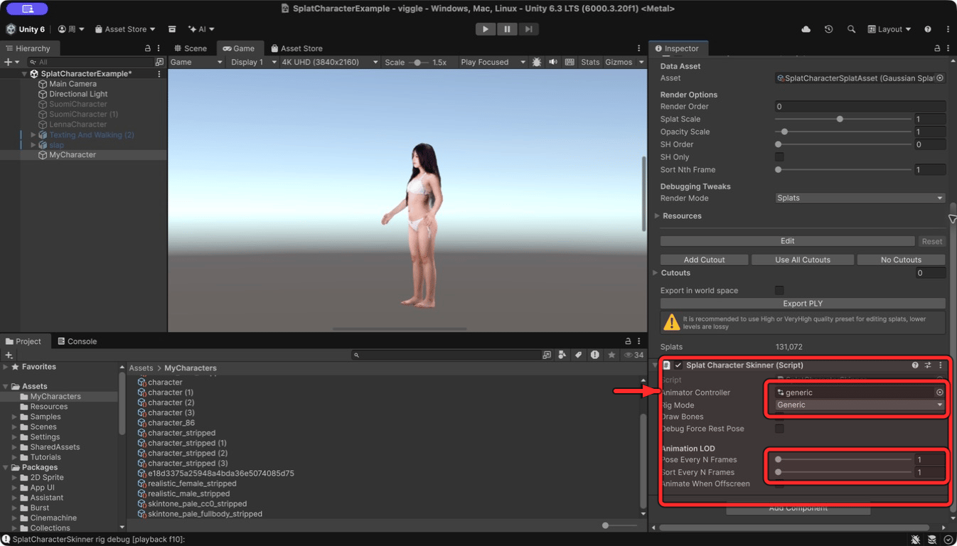 Animator Controller, Rig Mode, and frame settings on Splat Character Skinner, highlighted with red boxes and an arrow