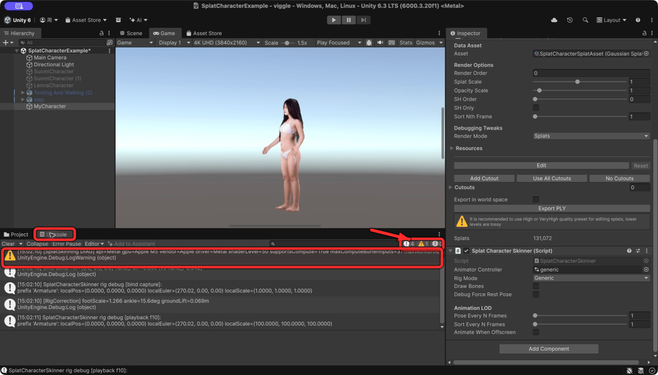 Unity Console Metal diagnostic warning and error counters, highlighted with red boxes and an arrow