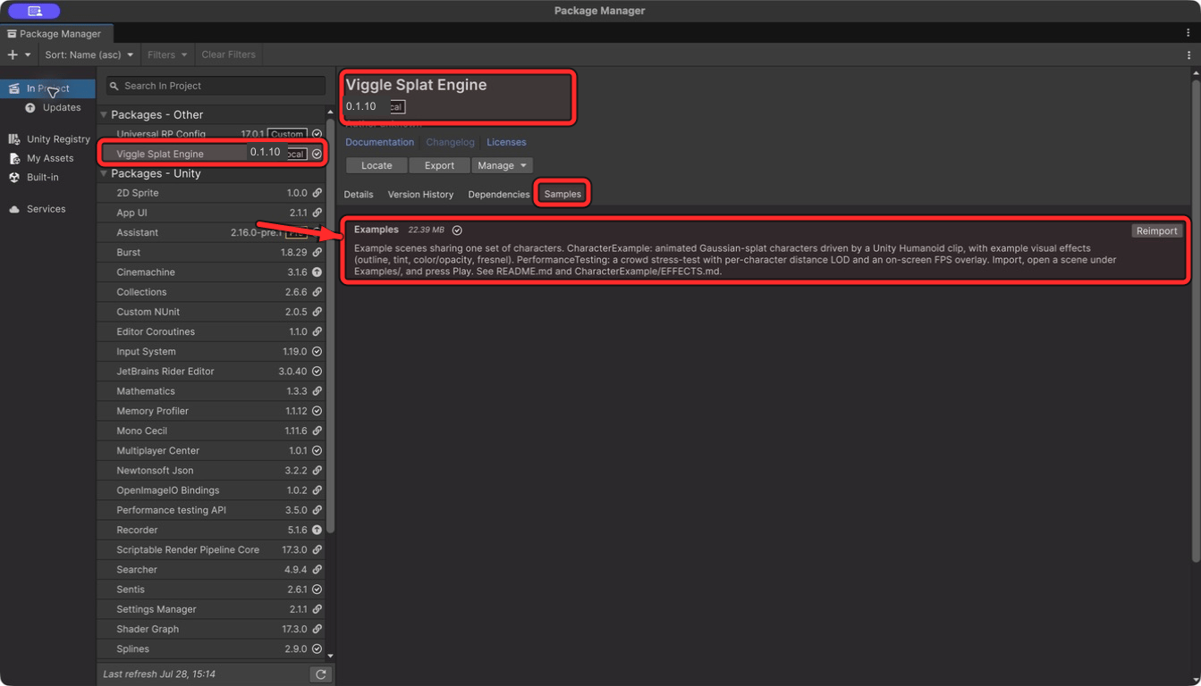 Viggle Splat Engine version and imported Examples in Unity Package Manager, highlighted with red boxes and an arrow