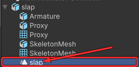 Expanded slap FBX with the slap Animation Clip highlighted by a red box and arrow