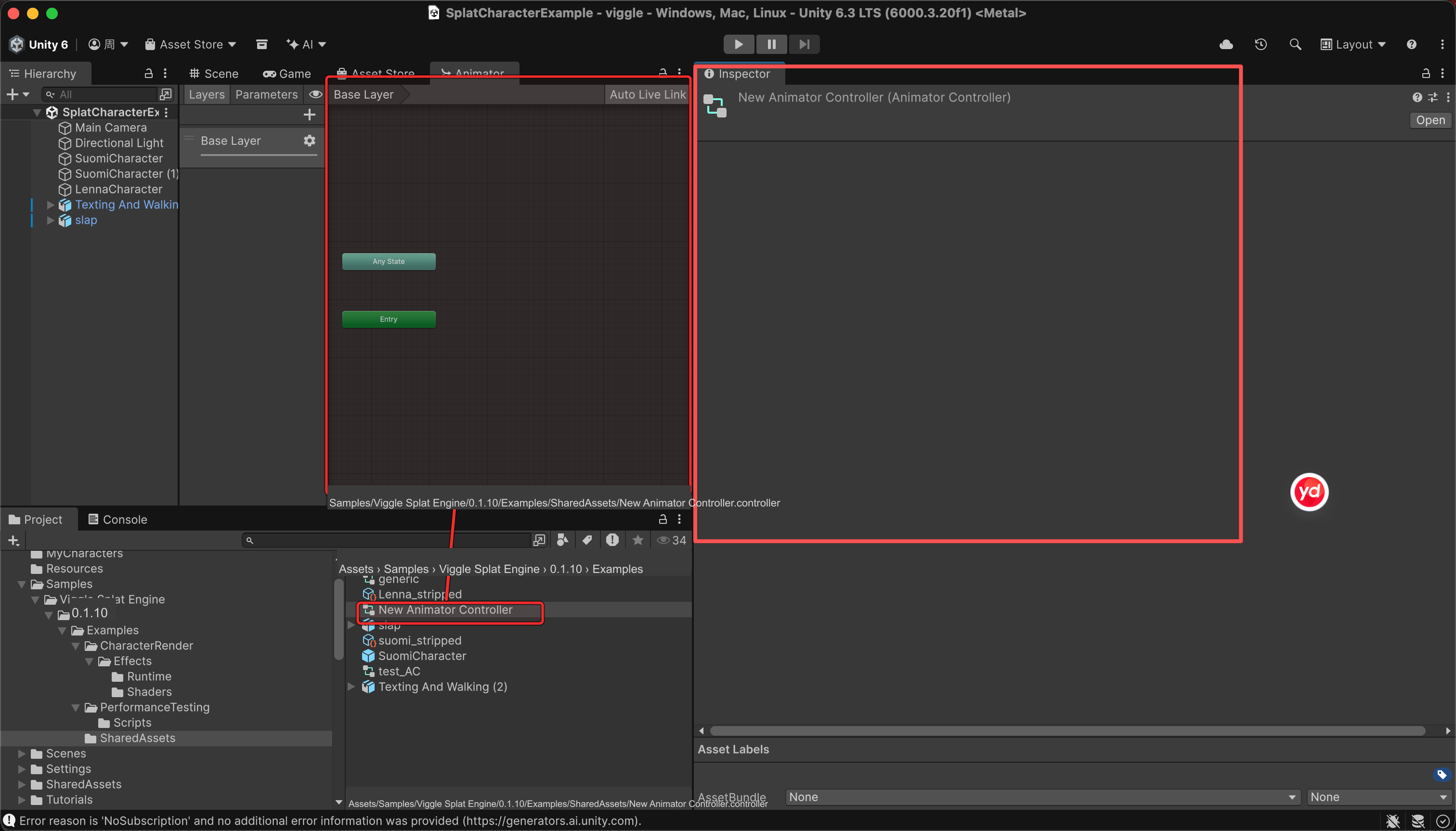 A new Animator Controller selected in the Project panel with its empty Animator window highlighted