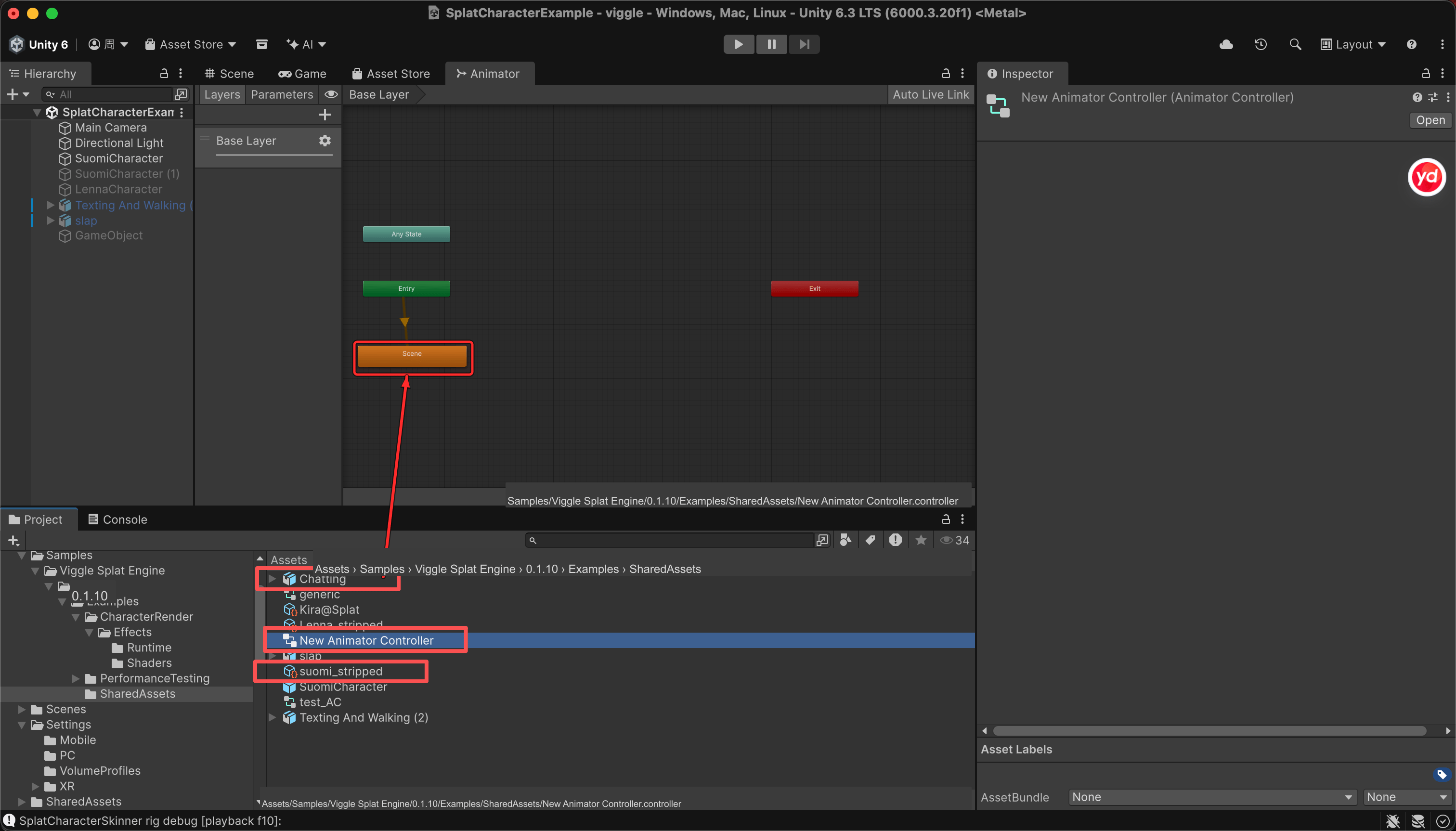 Animation Clip added as the orange default state in an Animator Controller, highlighted with a red box and arrow