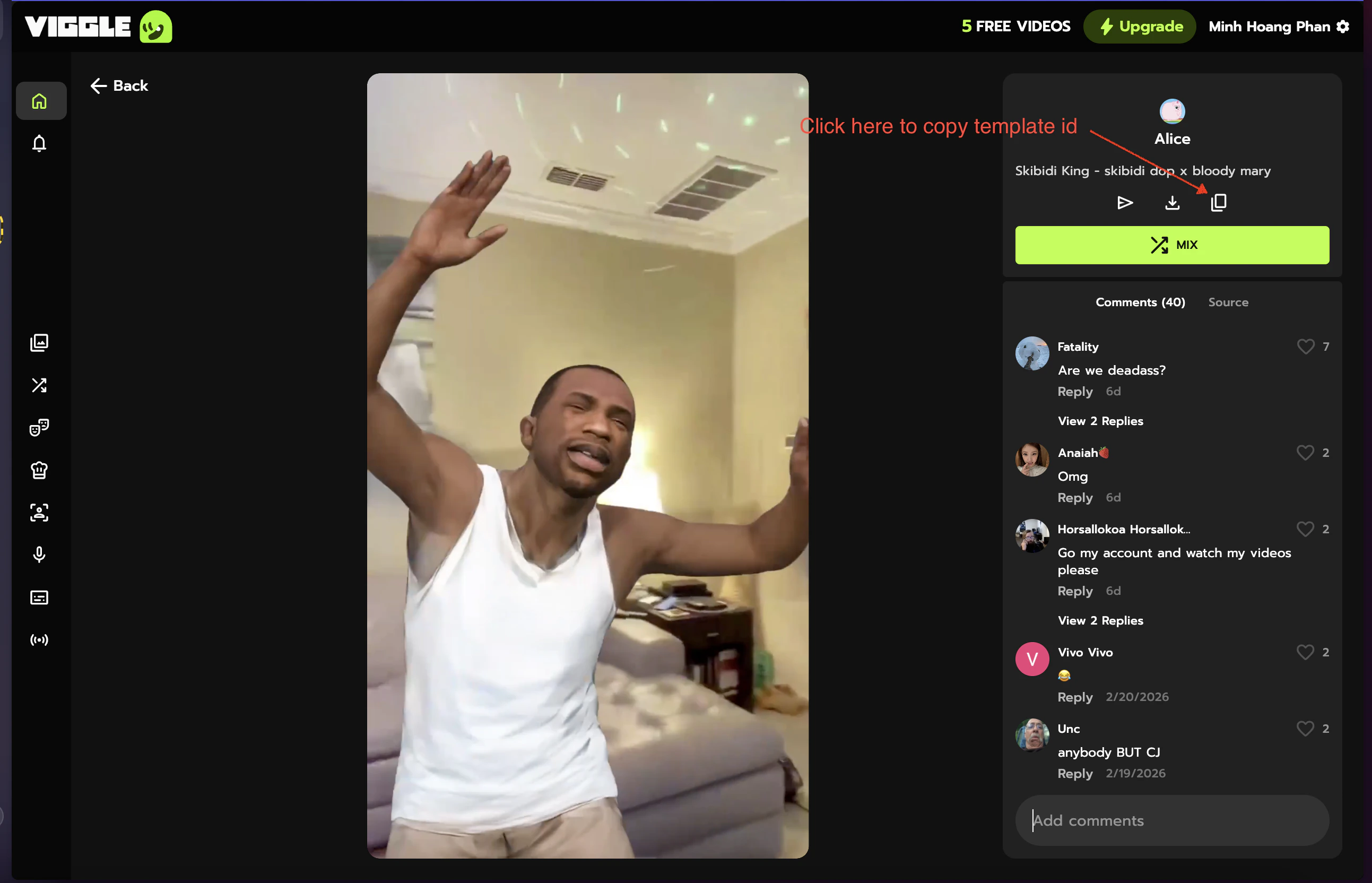 Template detail page with copy ID button