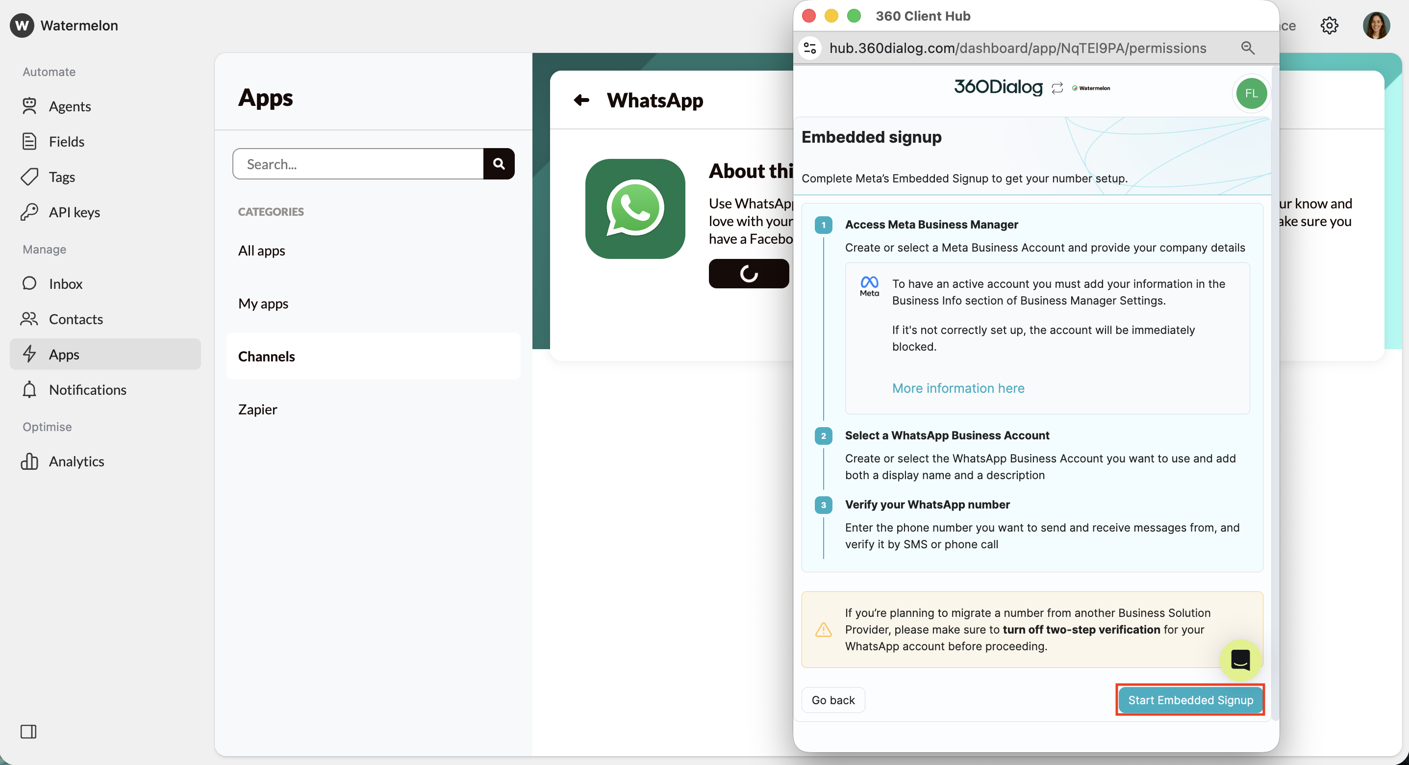 Whatsapp 360 Account Start Embedded Signup Pn