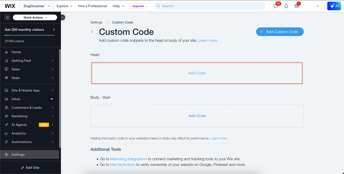 Wix Add Code To Head