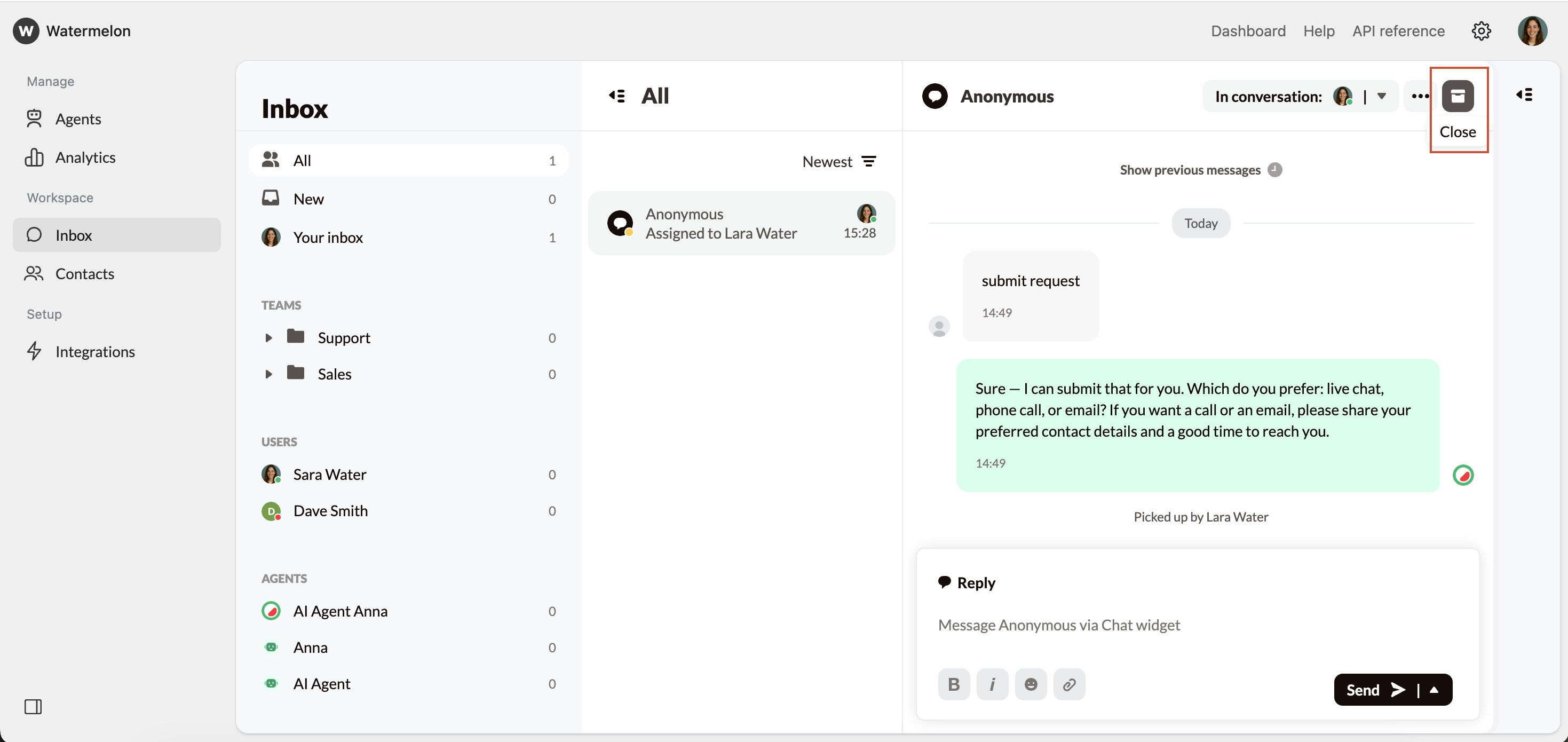 Manage Conversations Close Conversation