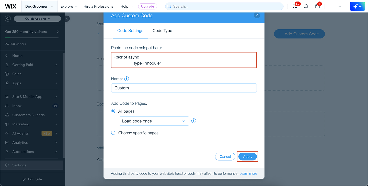 Wix Adding Code