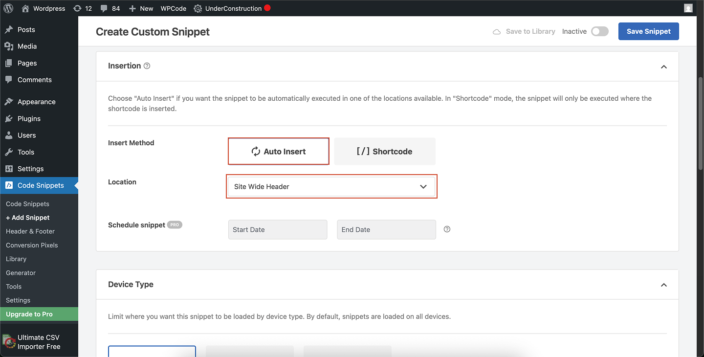 Wordpress Wp Code Create Insertion Options Pn