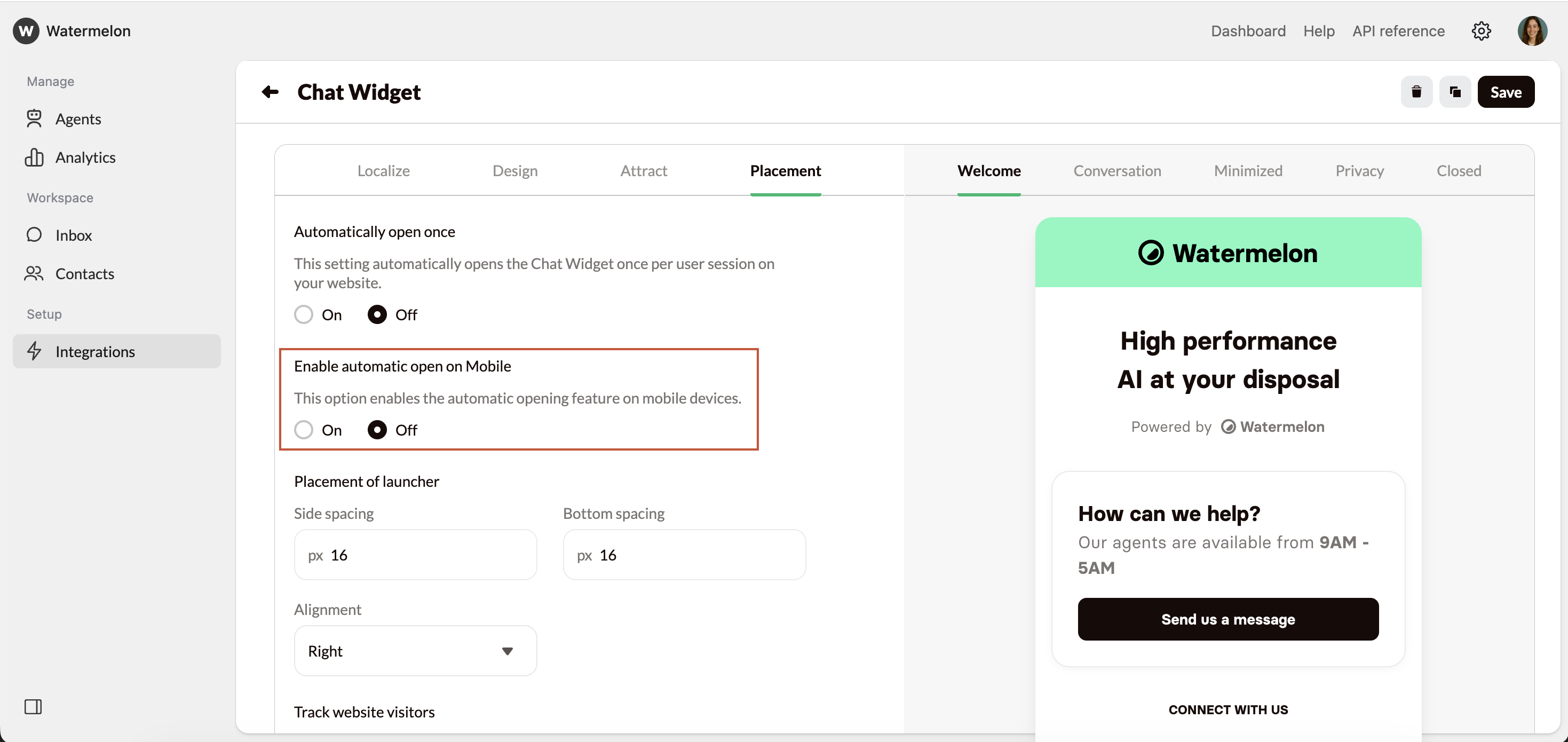Let the Chat Widget open automatically - Watermelon documentation