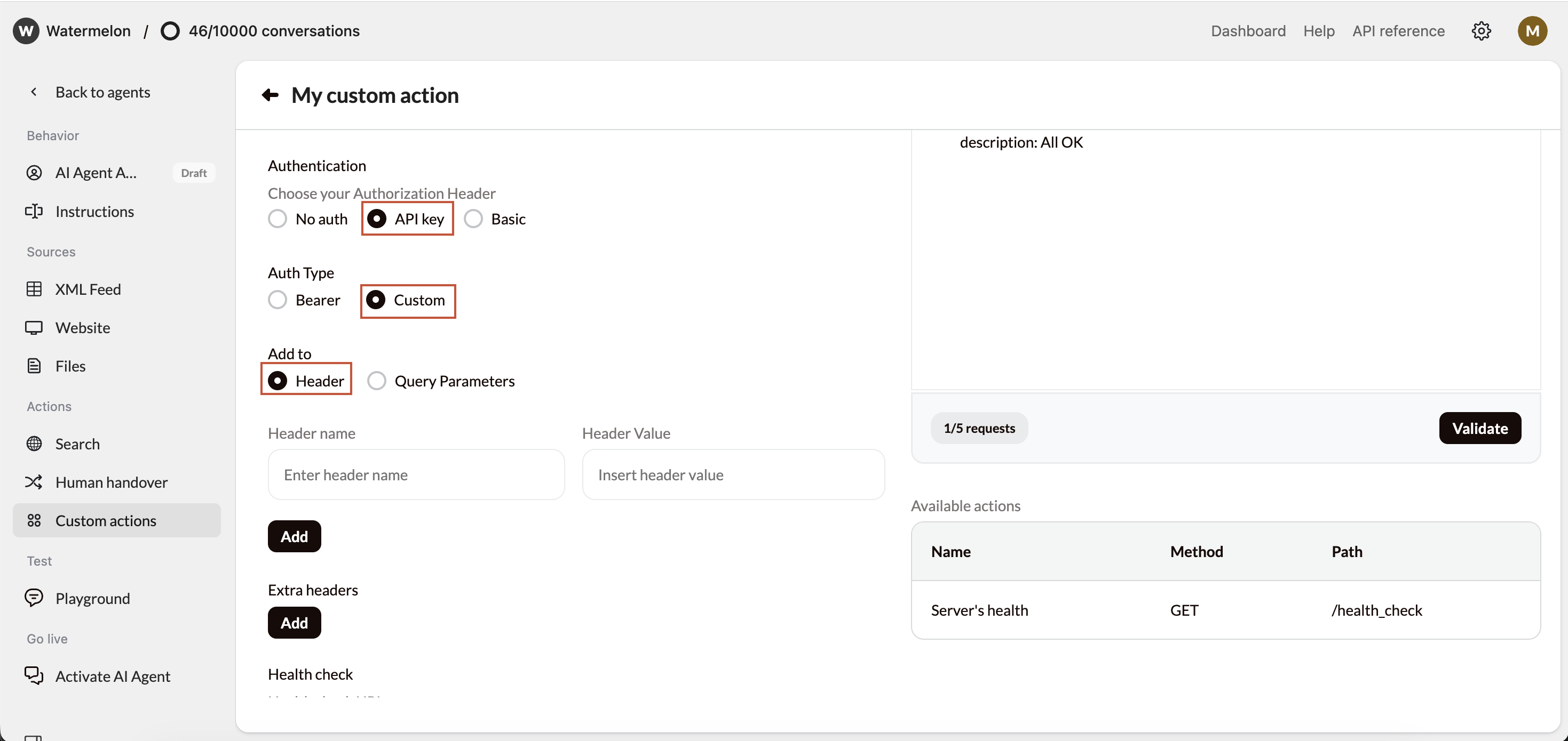 Action Authentication Api Key Custom Header