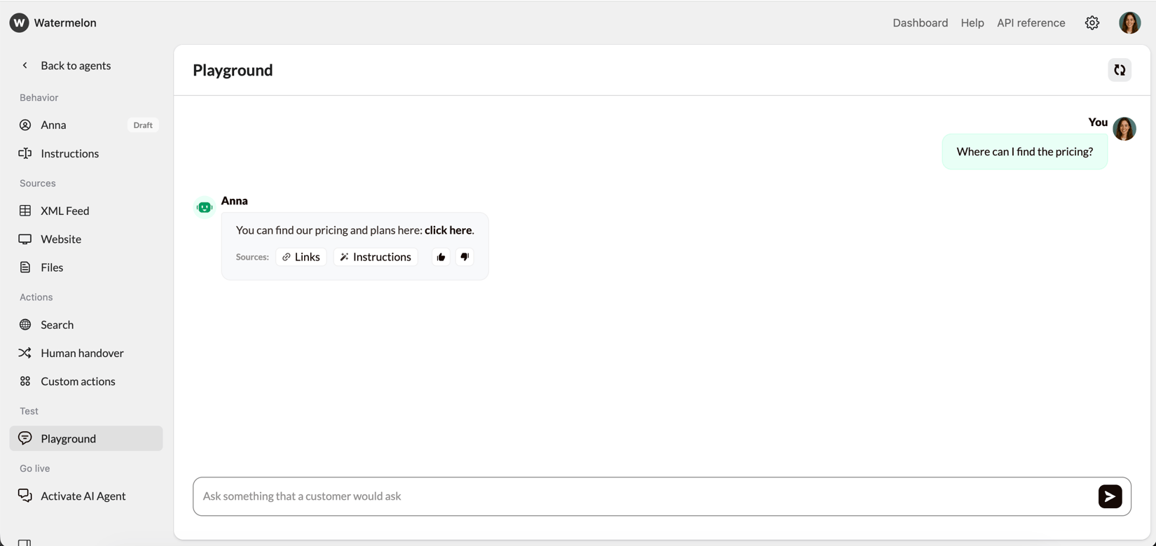Have the agent send hyperlinks - Watermelon documentation