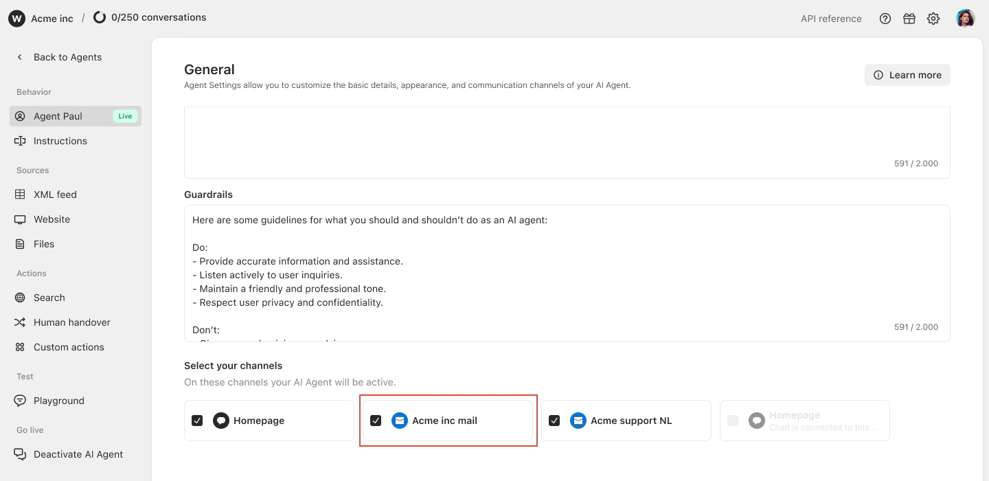 Connect Mail To Agent Settings