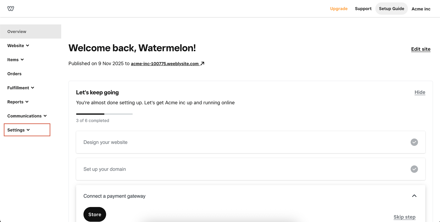 Weebly Select Settings Pn
