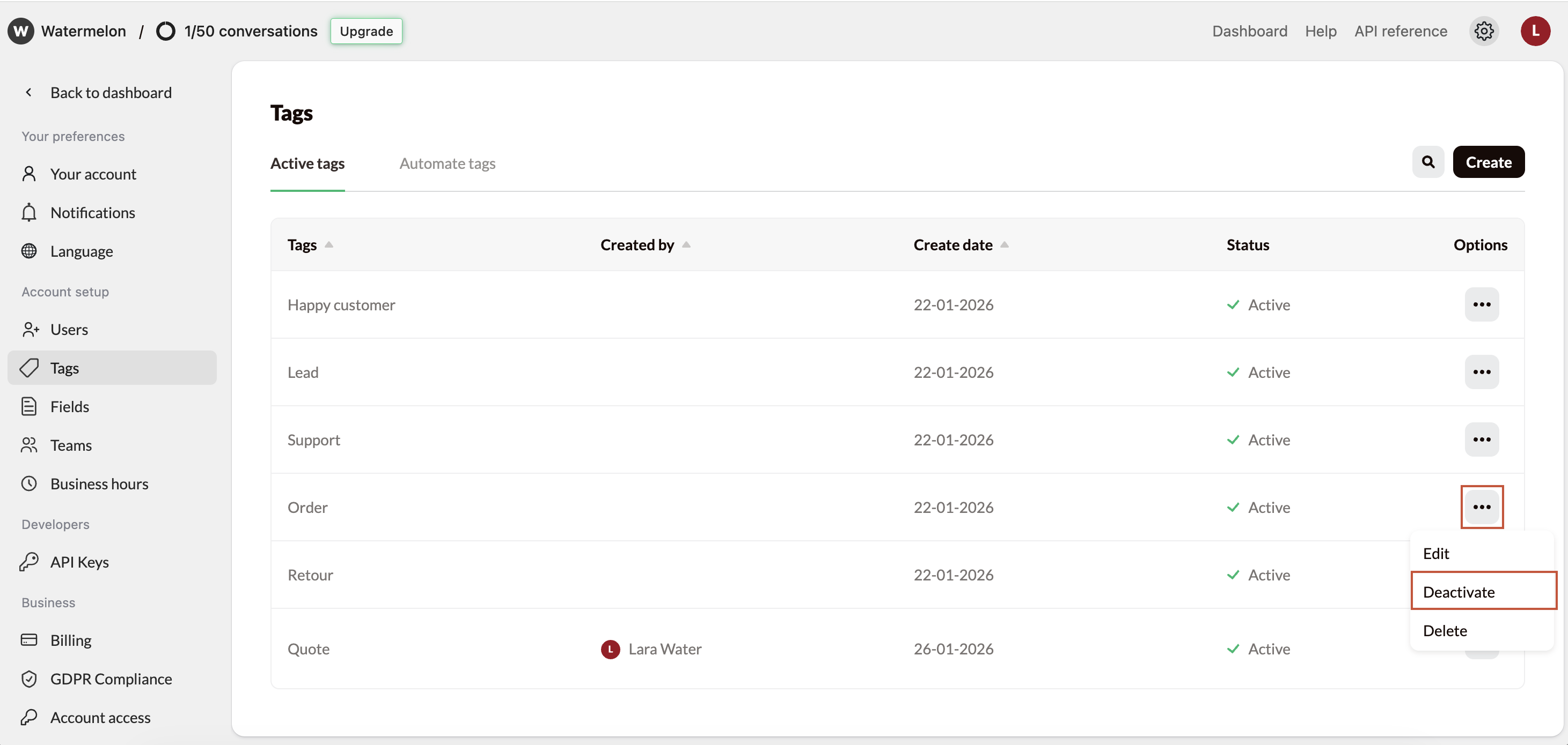 Manage Tags Deactivate