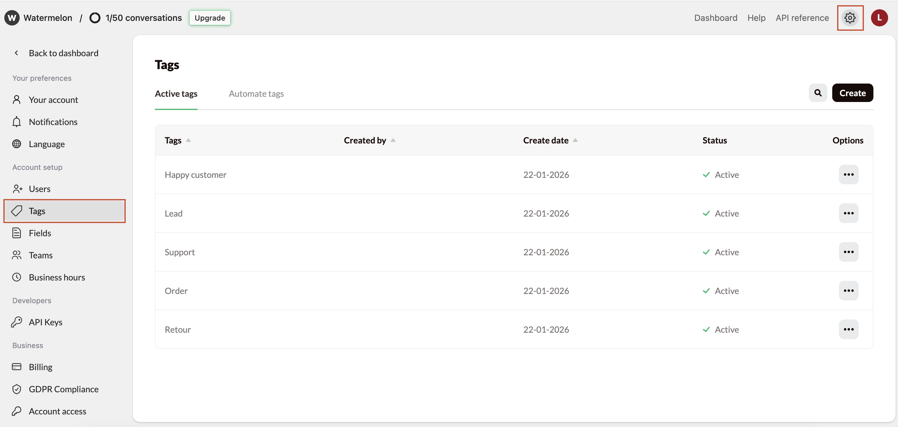 Manage Tags Settings