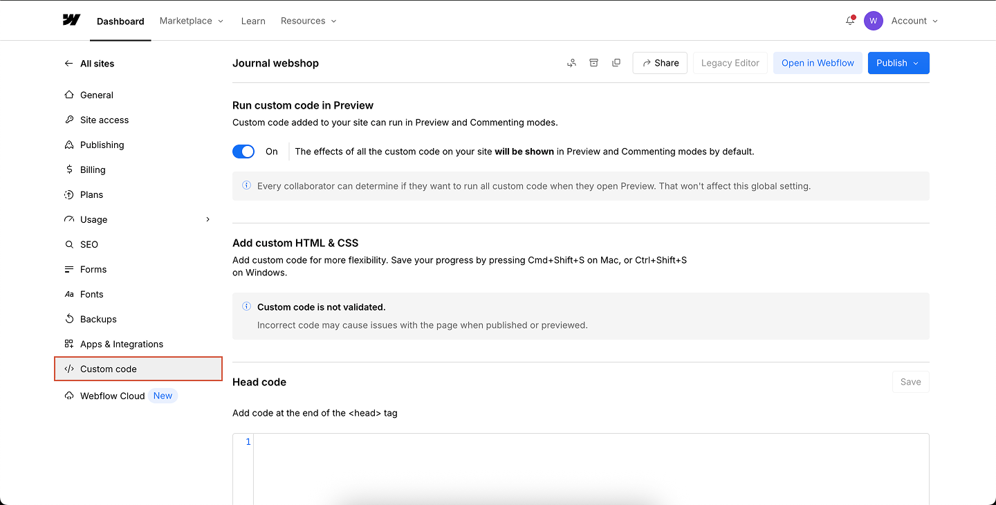 Webflow Go To Custom Code Pn