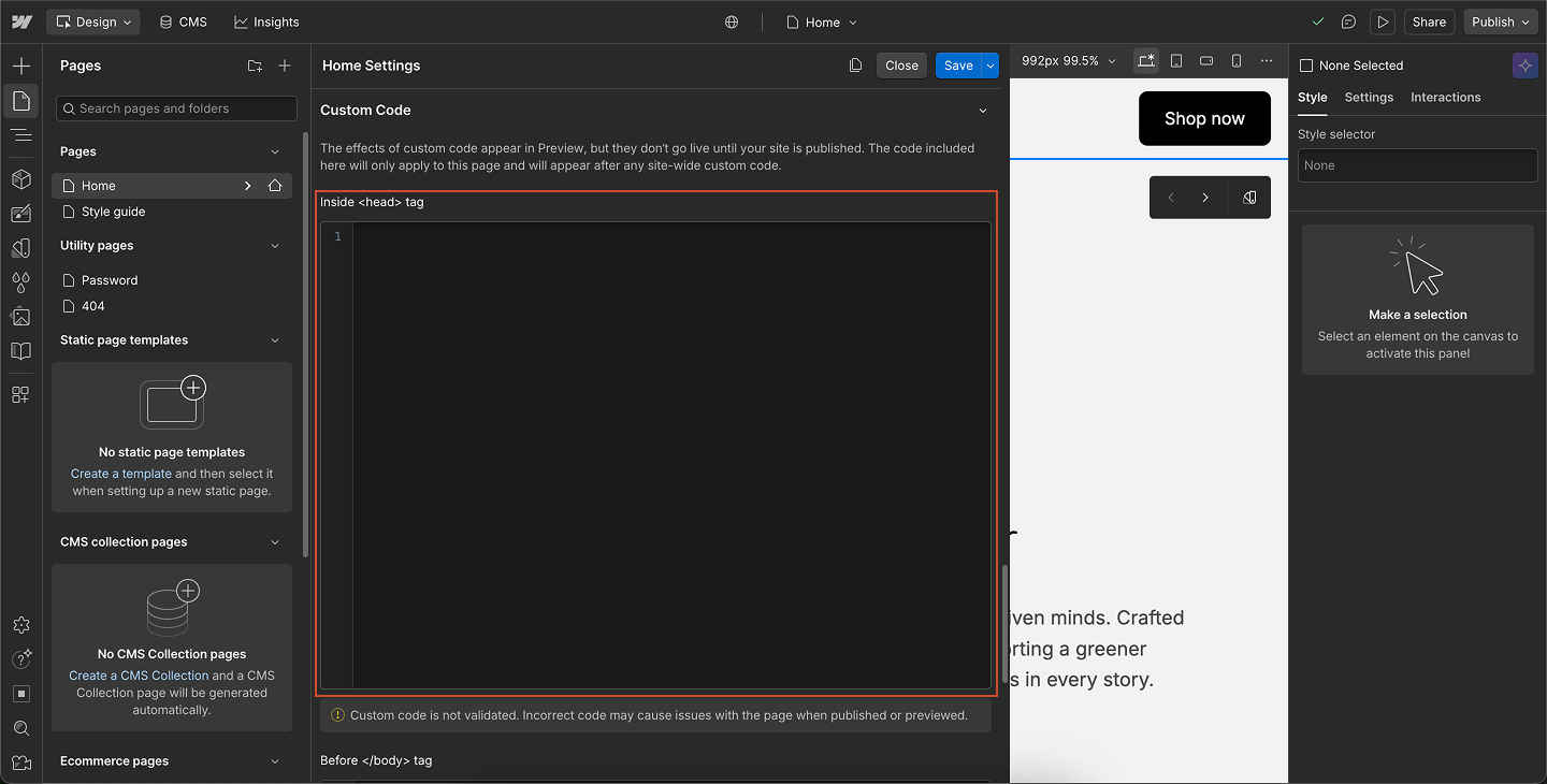 Webflow Single Page Add Code Pn