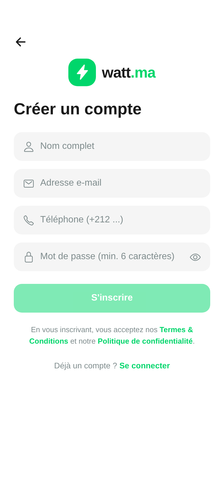 watt.ma app sign-up screen