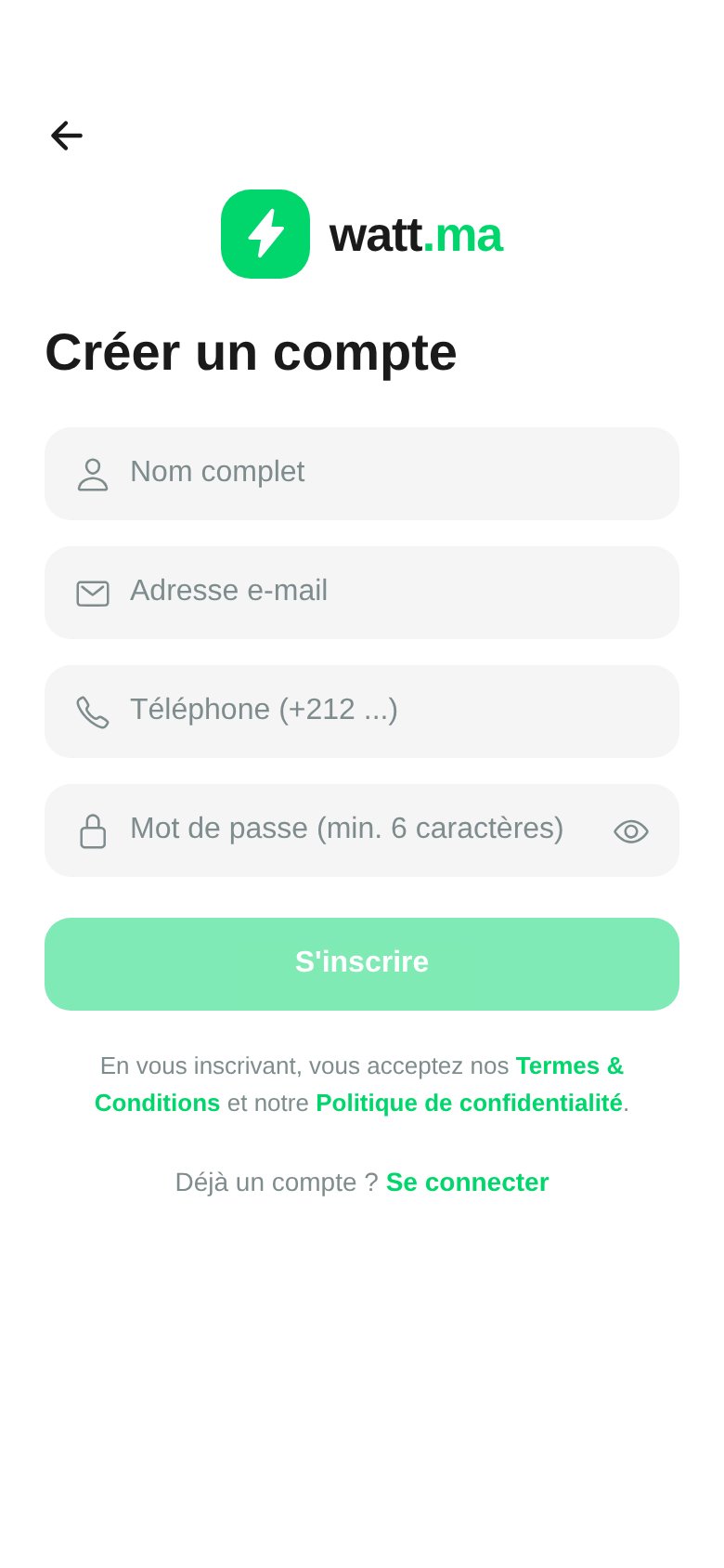 watt.ma app sign-up screen
