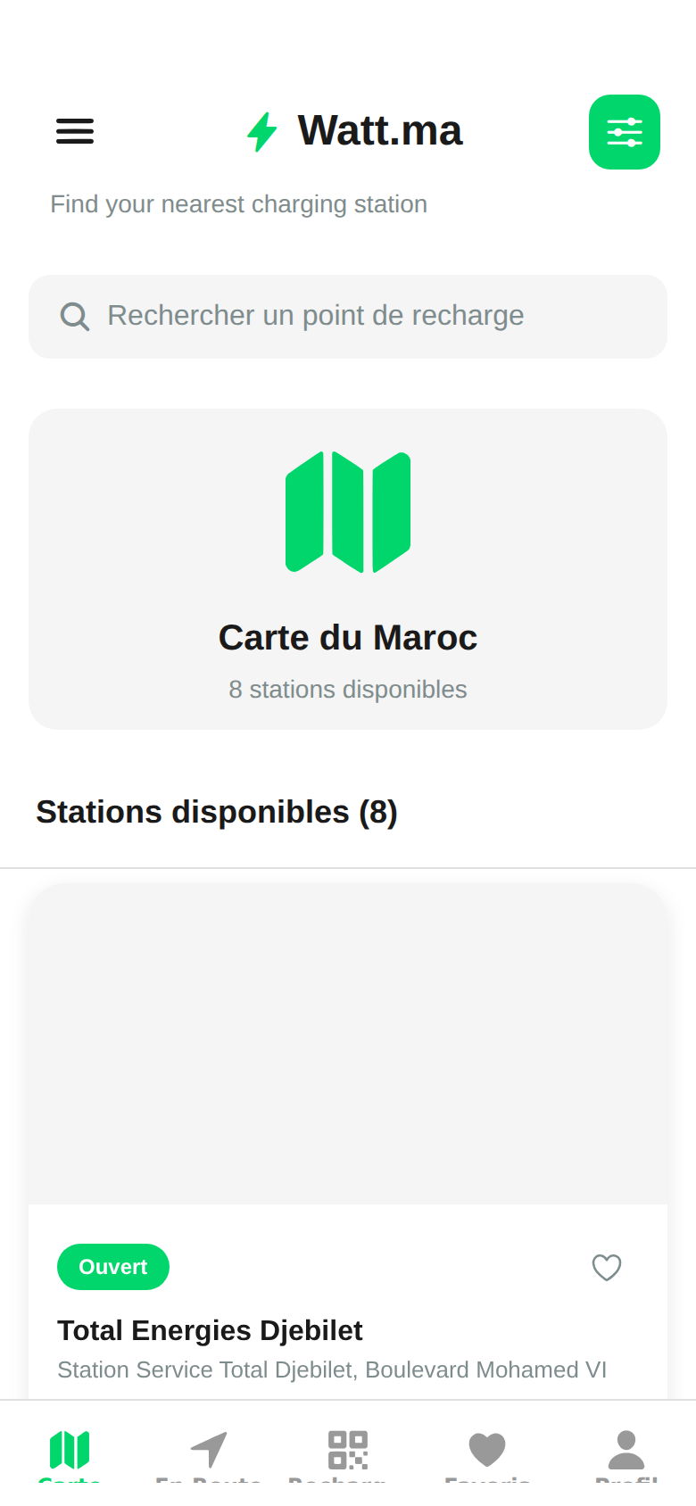 Station Map screen in the watt.ma app