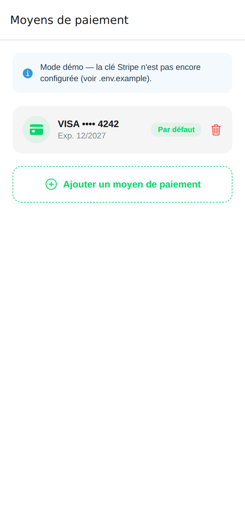 Payment Methods screen in the watt.ma app