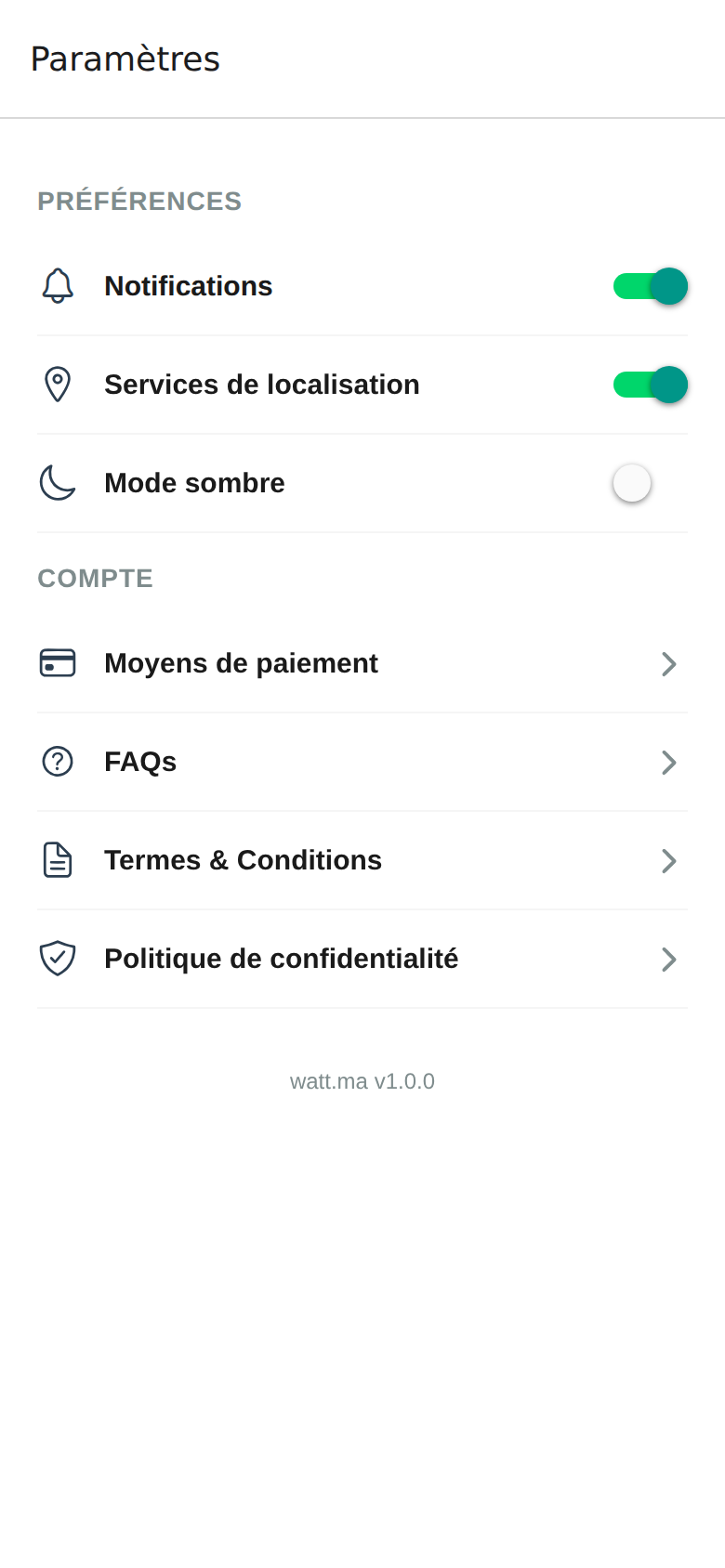 Settings screen in the watt.ma app