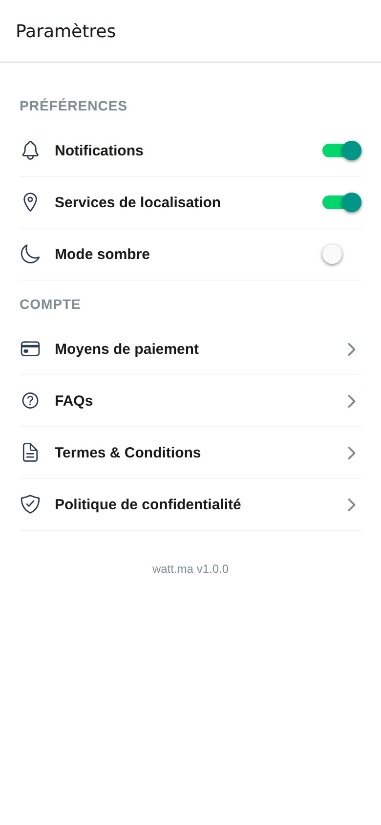 Settings screen in the watt.ma app