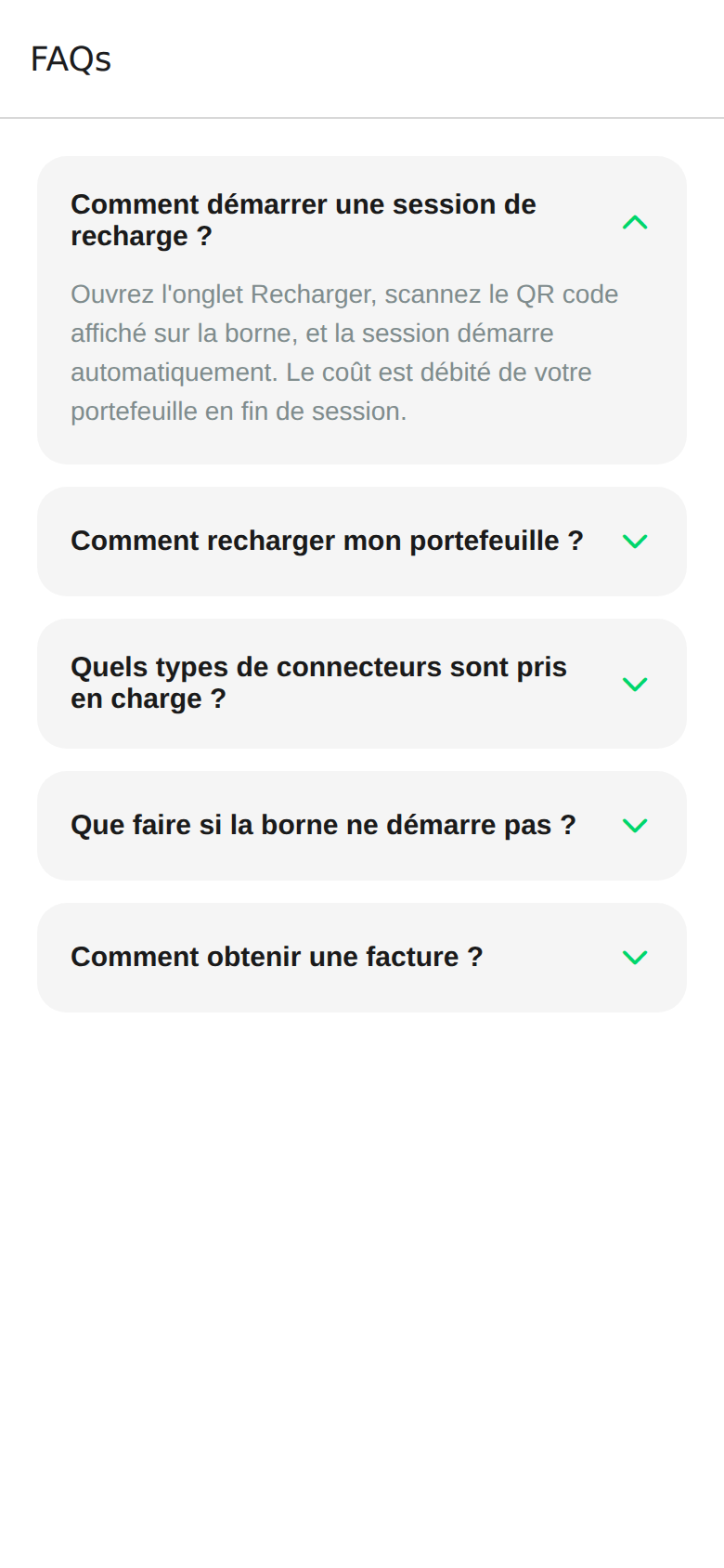 FAQs screen in the watt.ma app