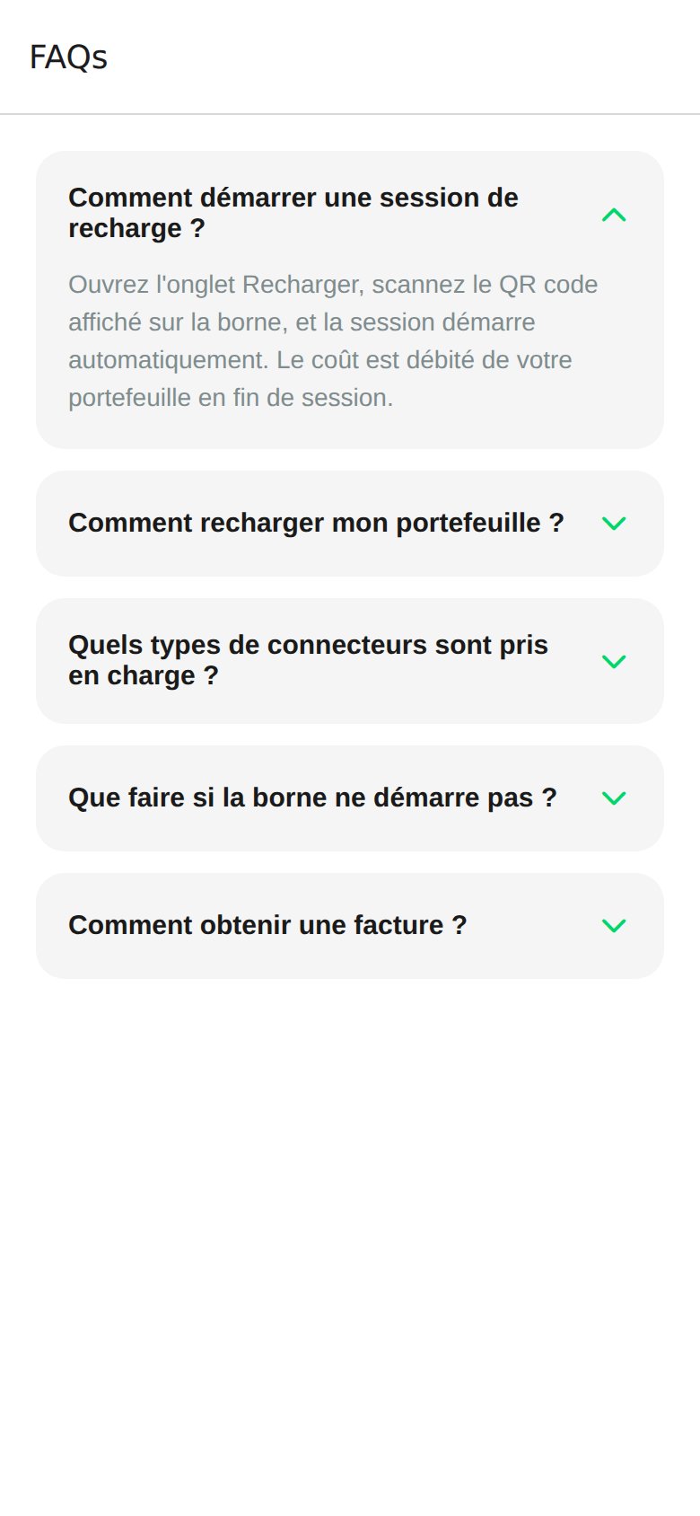 FAQs screen in the watt.ma app