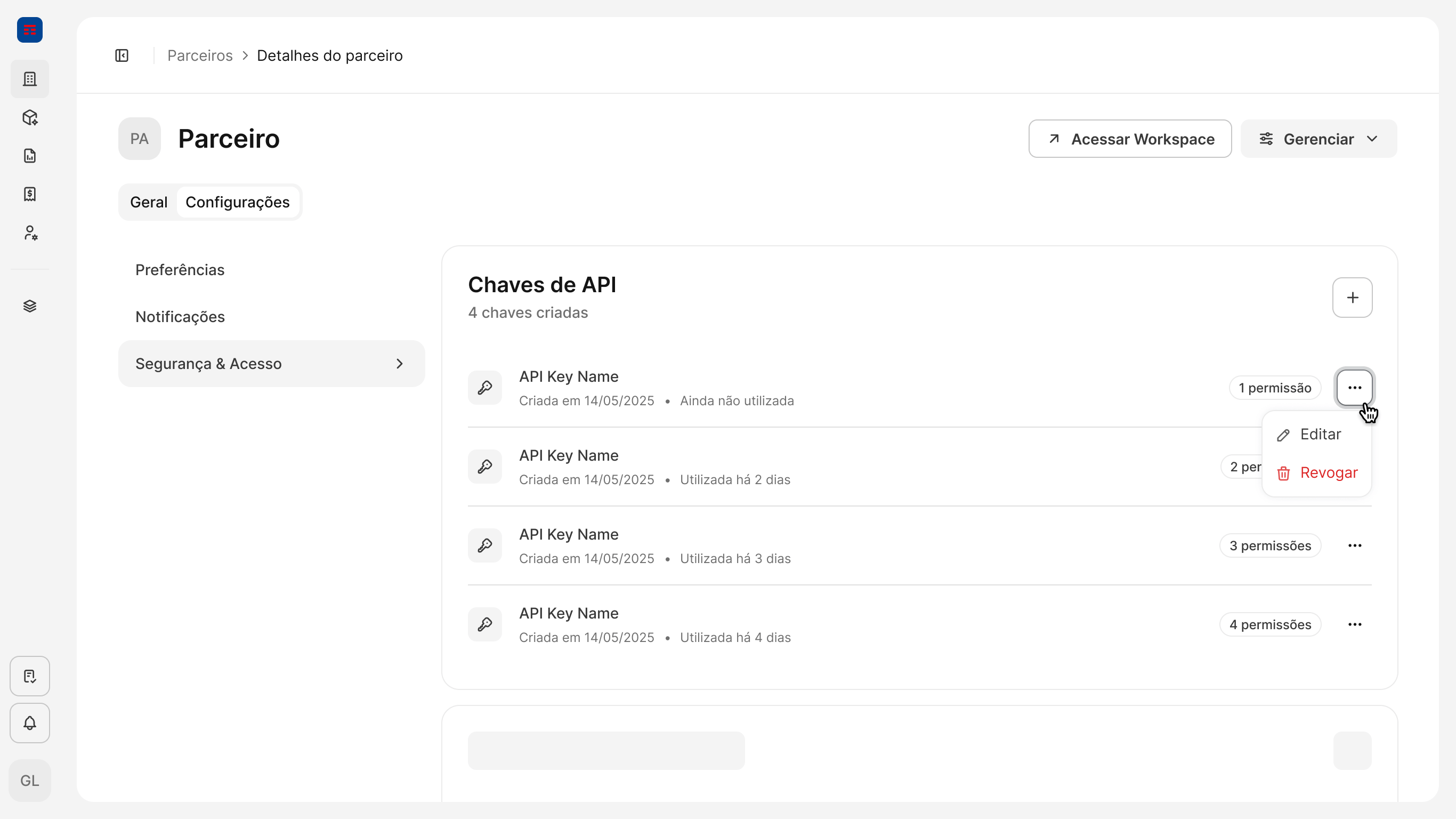 Chaves de API card listing the partner's keys, with the + button and a row's ... menu open