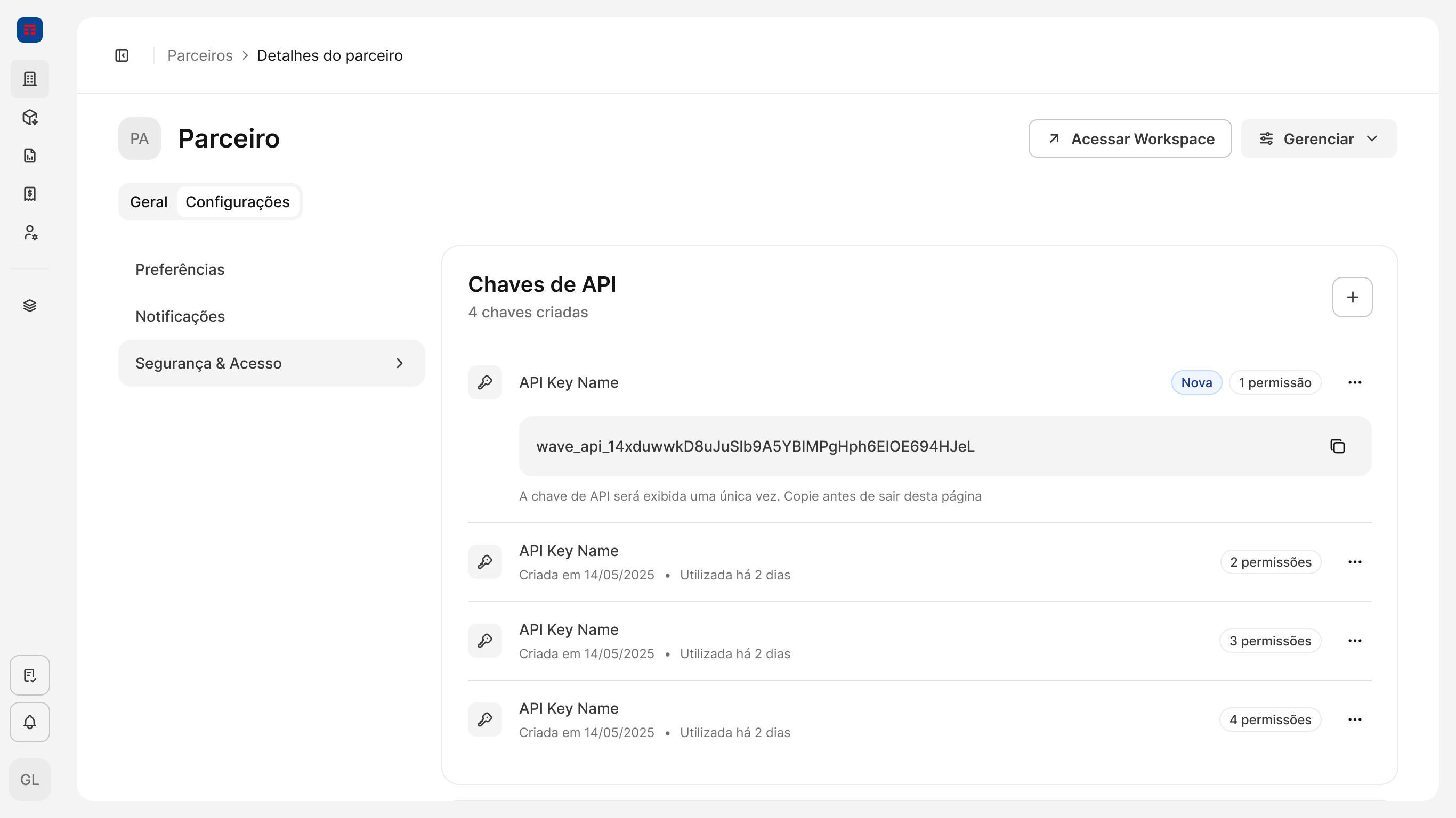 Newly created key showing its full value, the copy button, and the notice that the value is displayed only once