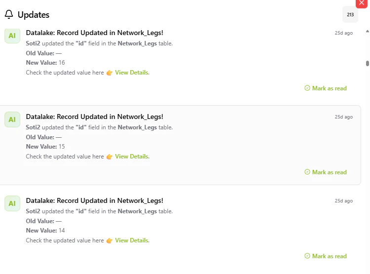 Activity feed showing recent system notifications