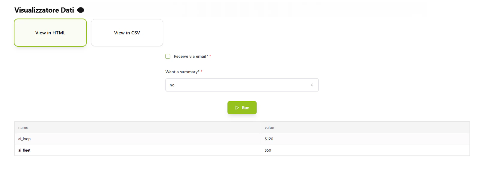 Data Viewer interface showing HTML and CSV export options