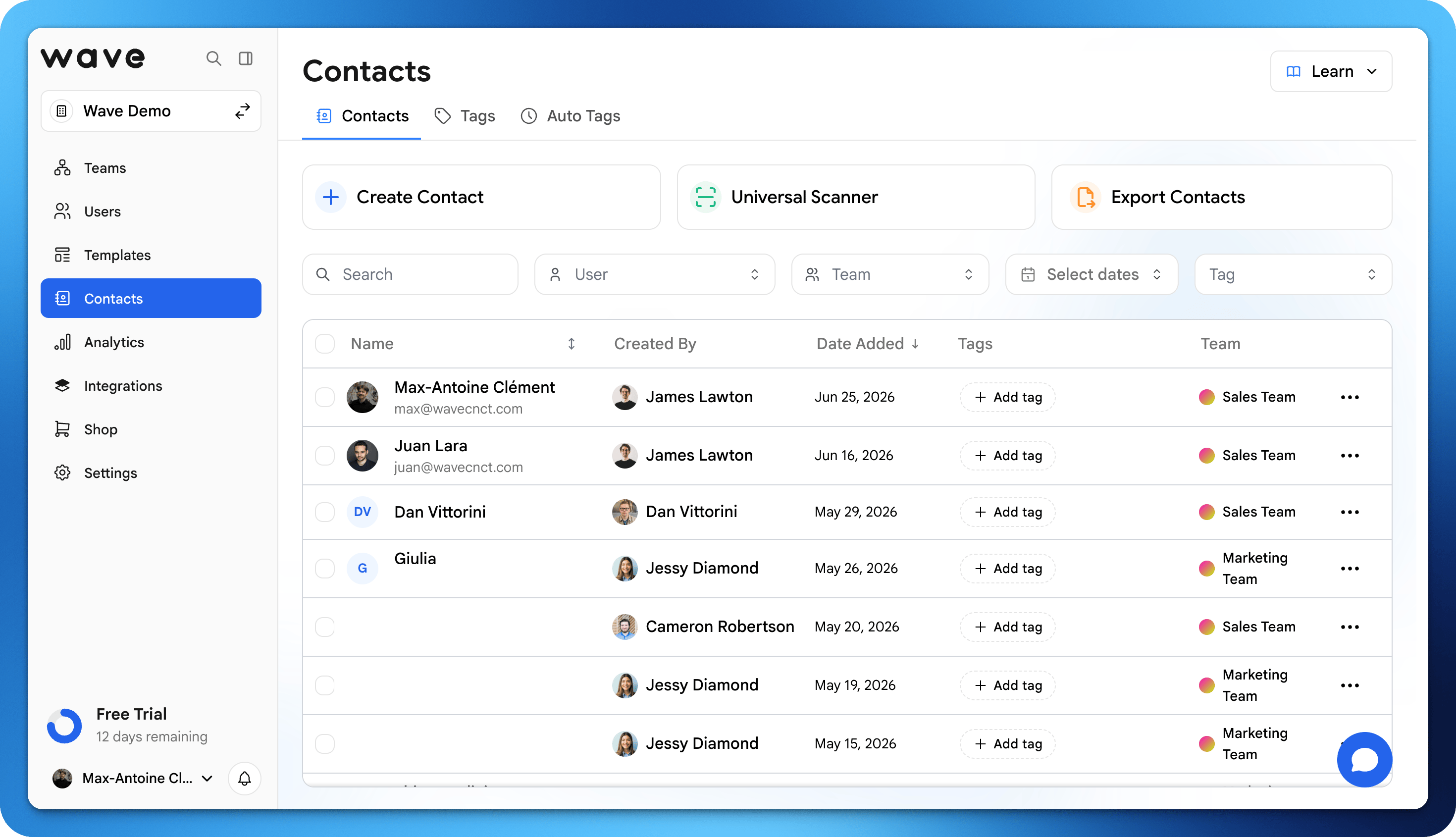 Panel de contactos