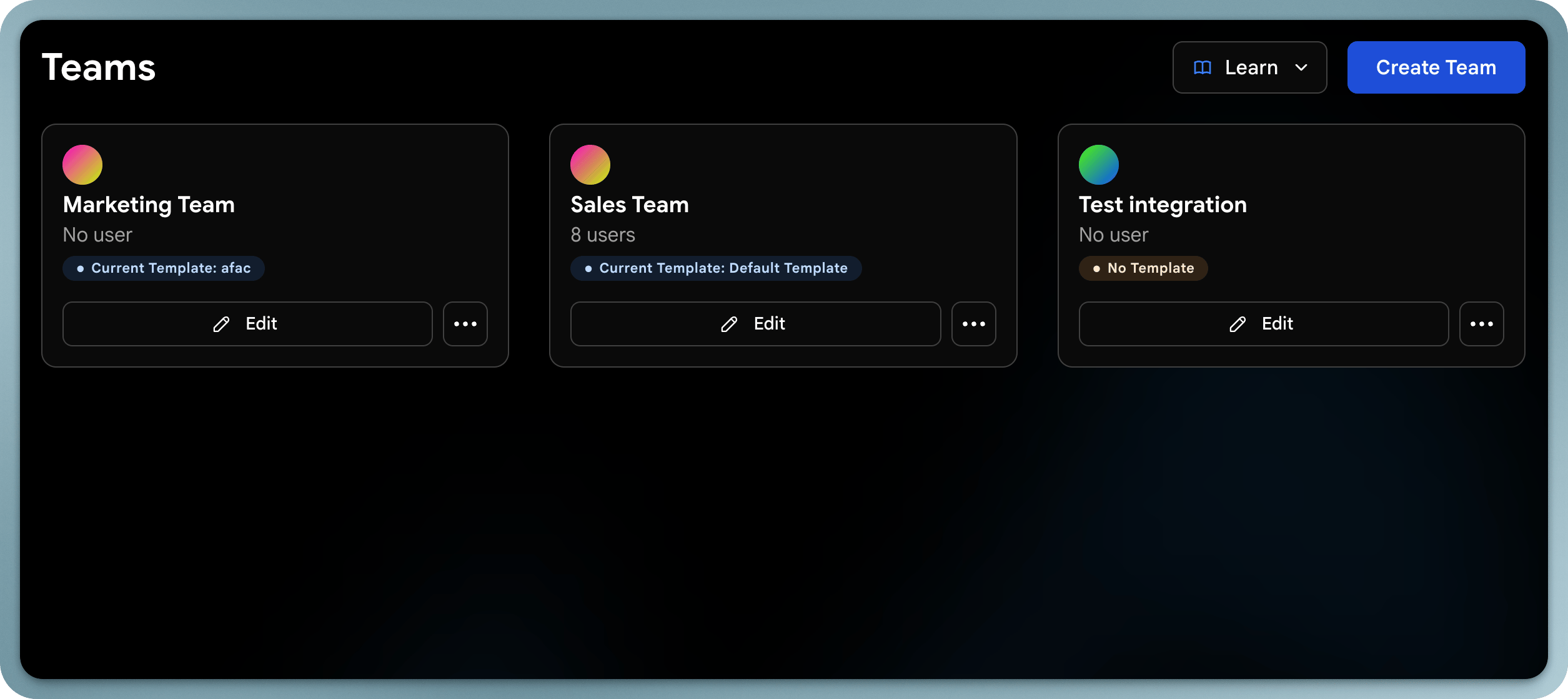 Teams dashboard