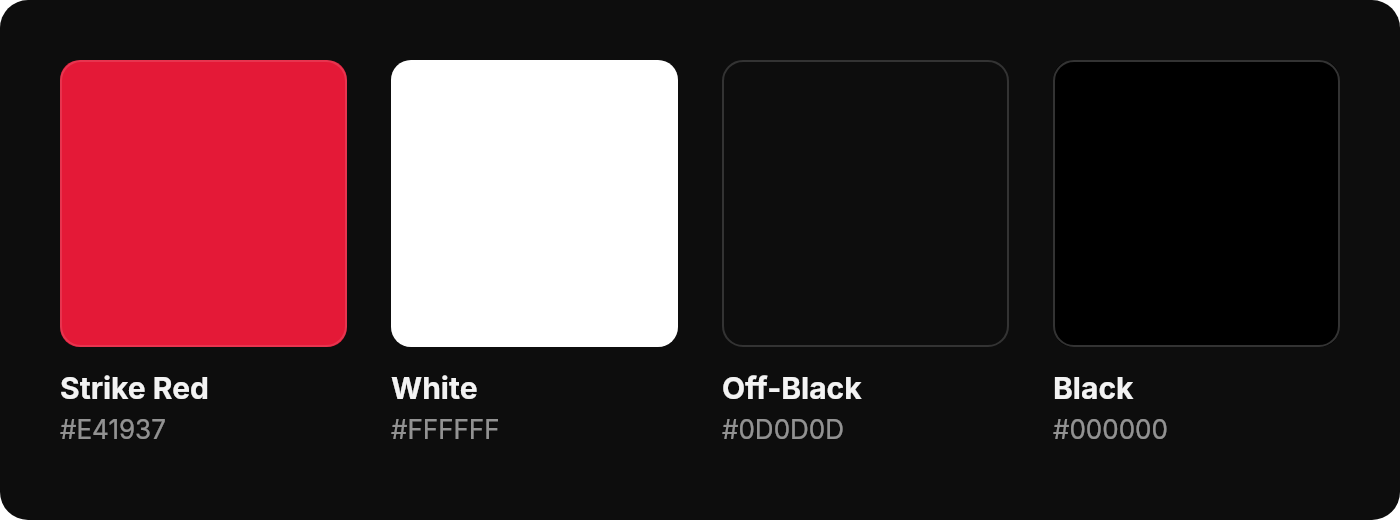 Esports Hub color palette: Strike Red, White, Off-Black, and Black swatches with hex values