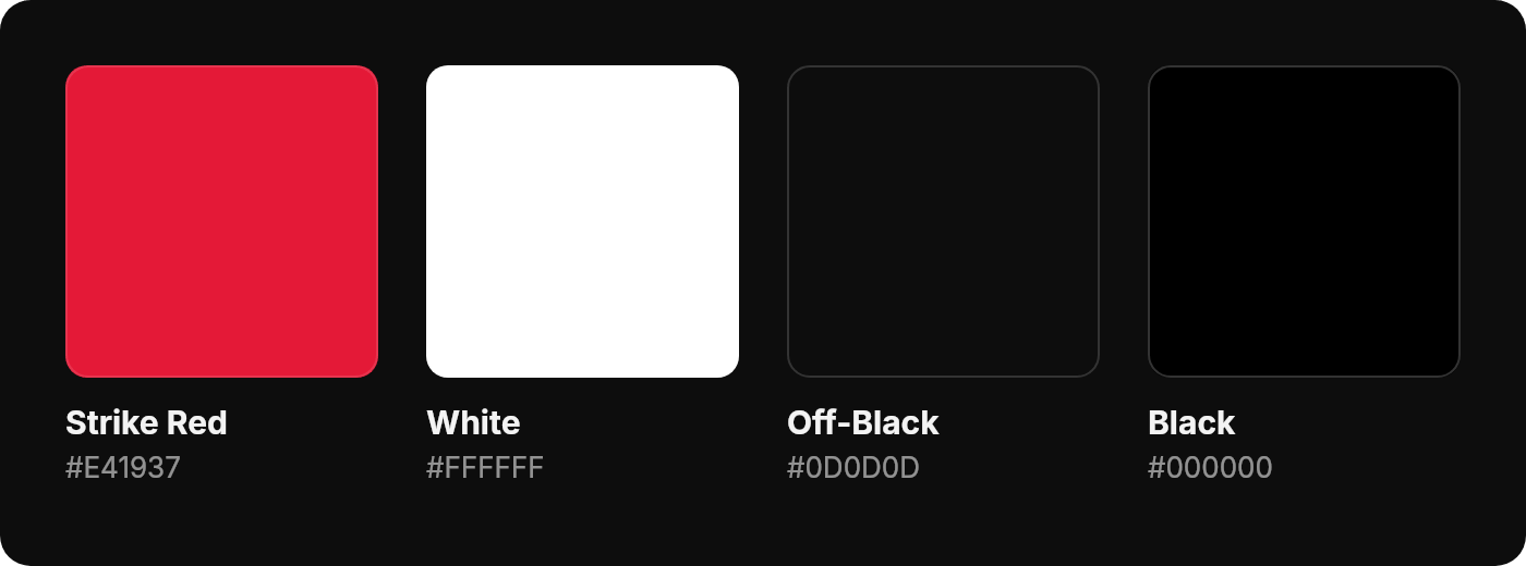 Esports Hub color palette: Strike Red, White, Off-Black, and Black swatches with hex values