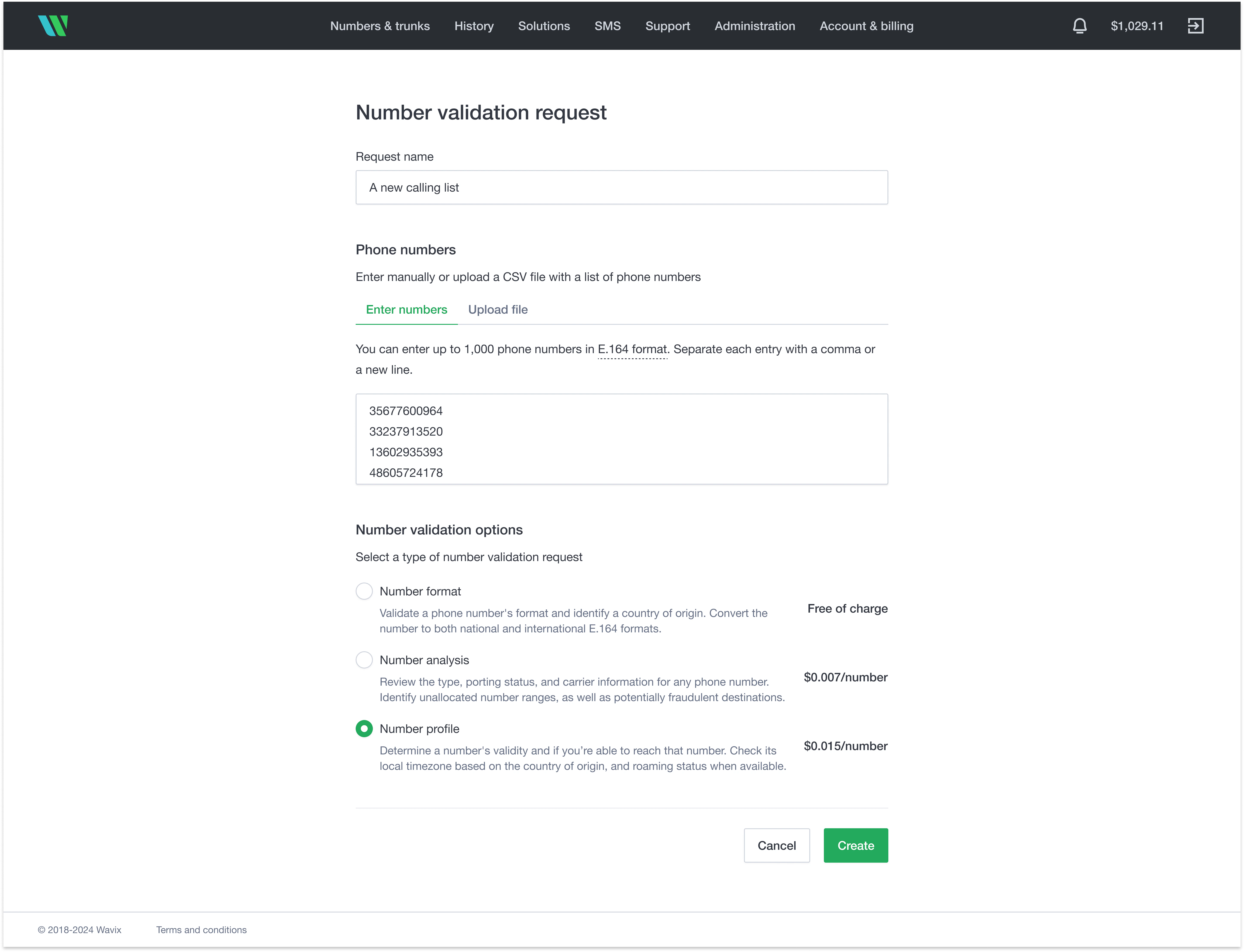 Create Number validator request Create Number validator request