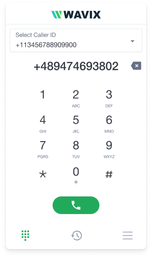 Wavix Embeddable web phone The Wavix Embeddable web phone showing a Caller ID selector, a number pad, and a green call button
