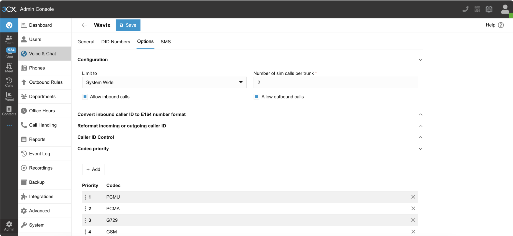 SIP Trunk Options tab
