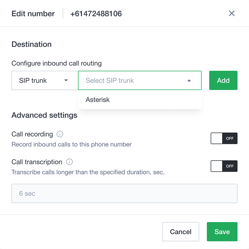 Wavix phone number configuration