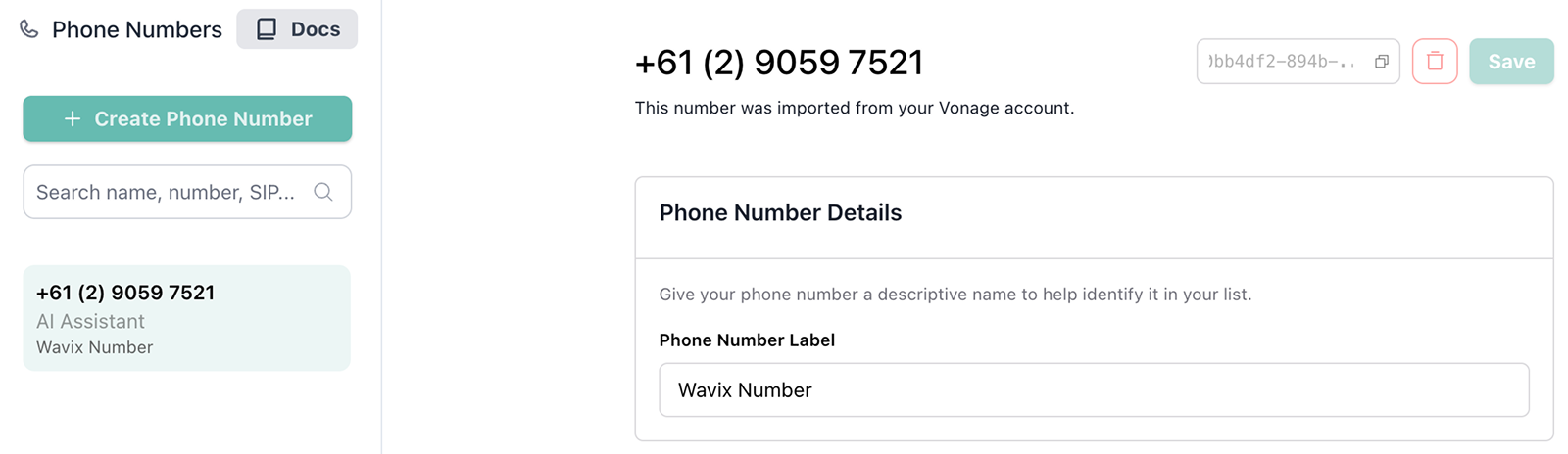 Vapi Number ID Phone numbers in your Vapi account
