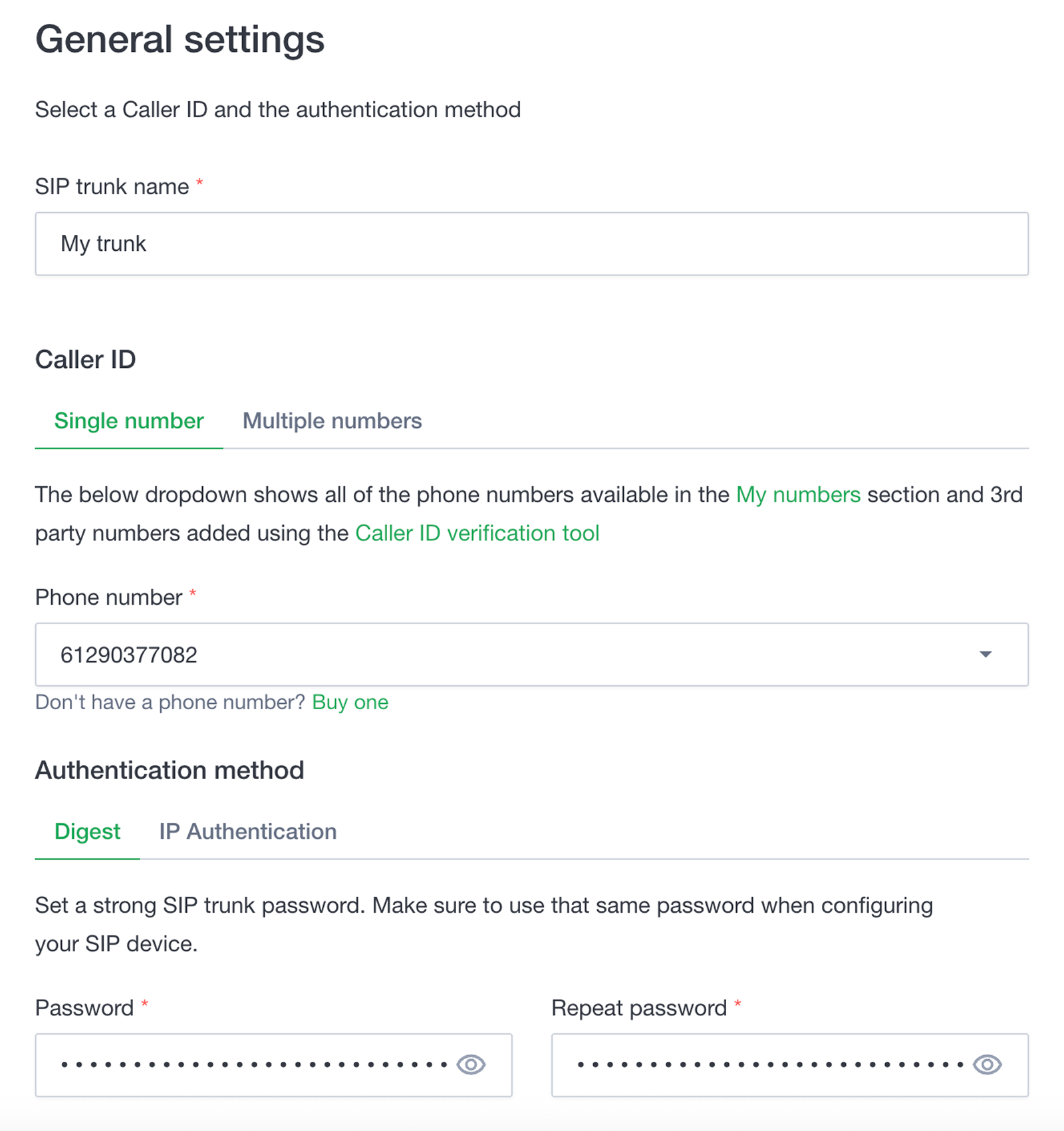 Configure SIP trunk Configure SIP trunk screenshot